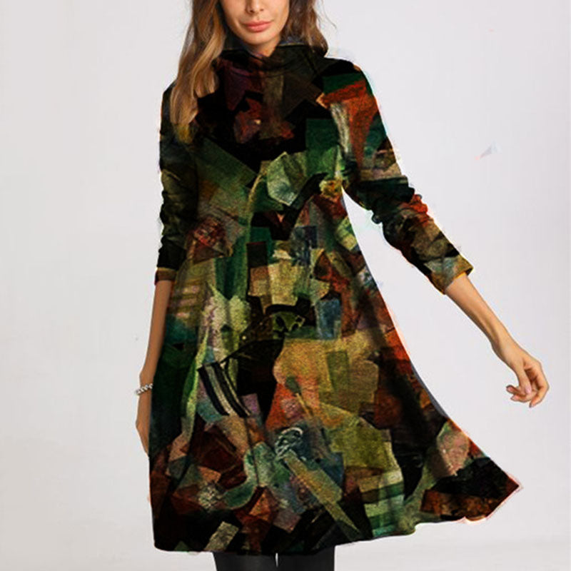 Autumn And Winter Women's Clothing Turtleneck Print Long Sleeve Dress