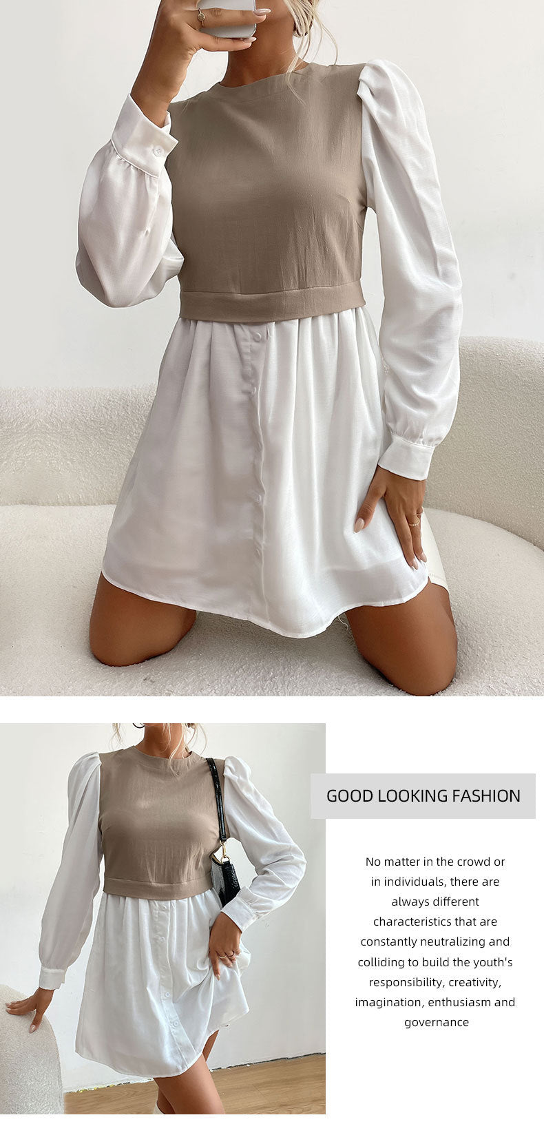 Round Neck Puff Sleeve Color Contrast Patchwork Commuter Shirt Dress