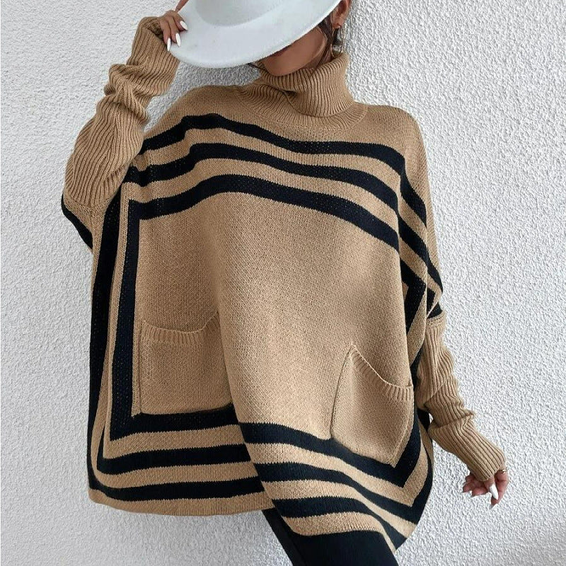 Striped Bat Sleeve Cape Shawl Sweater for Women with High Neck