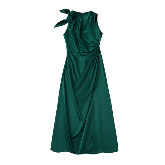 Vintage Silk Satin Texture Pleated Decoration Dress