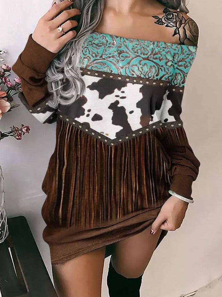 Western Tassel Print Off-shoulder Sweater Skirt