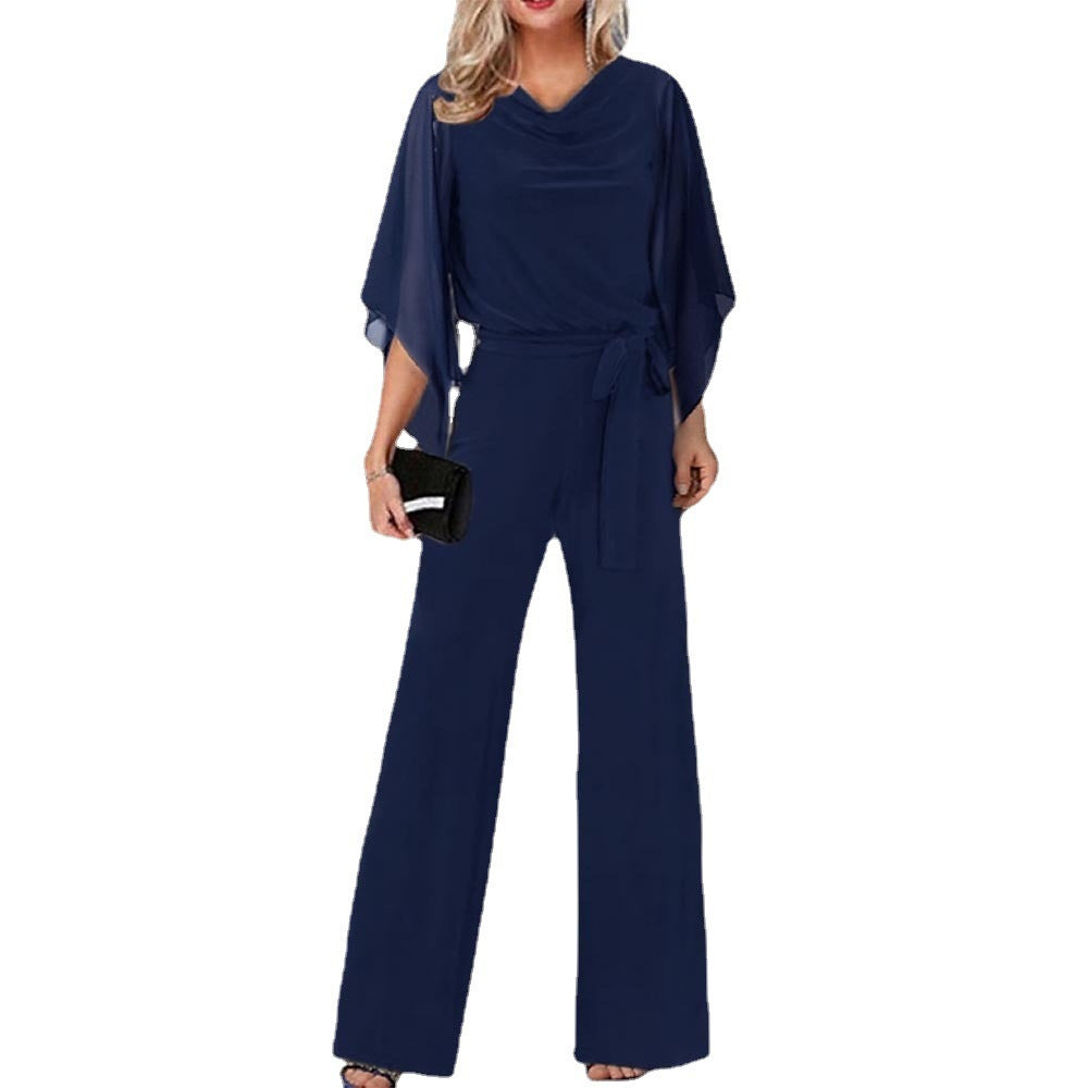 Women's Fashion Solid Color High Waist Lace-Up Casual Jumpsuit with Straight-Leg Pants