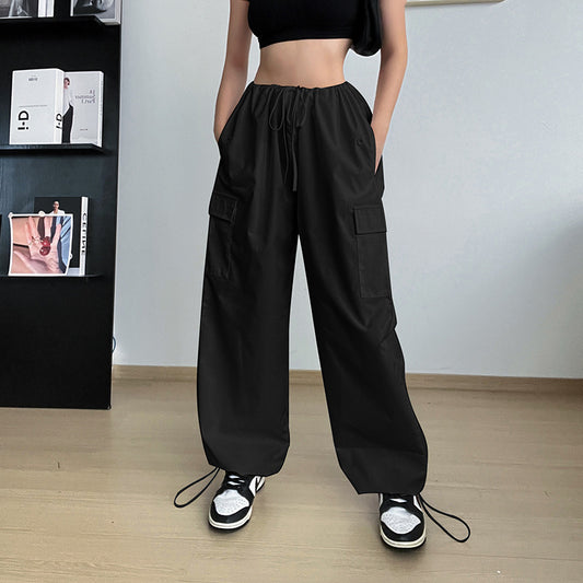 Large Size String Straight Leg Cargo Pants for Women Loose and Wide-Leg Fit