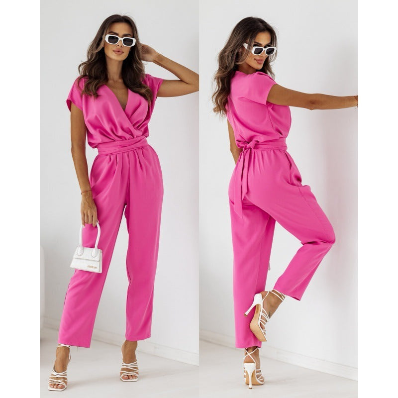 Summer Lace-Up Trousers Women's Fashion Solid Color Slimming Short-Sleeved Jumpsuit