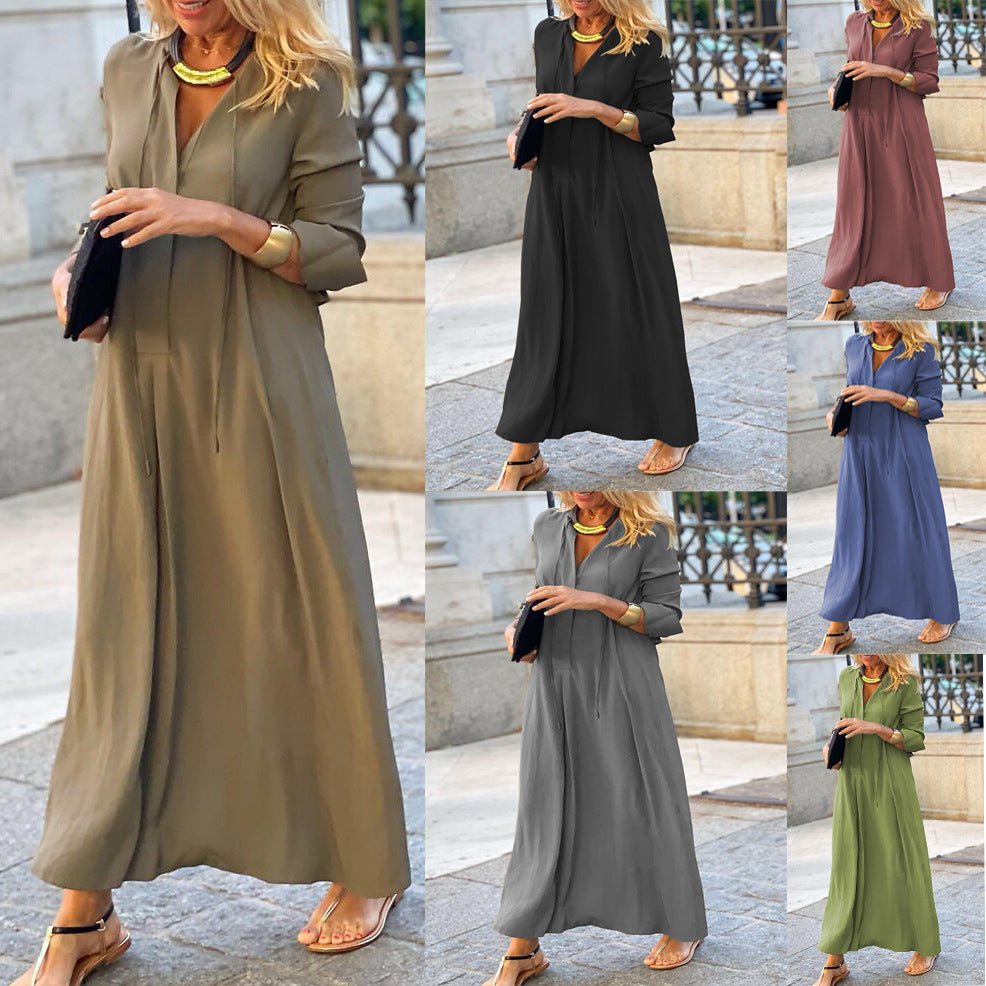 Casual Look Solid Color Lapel Long Sleeve Shirt Dress