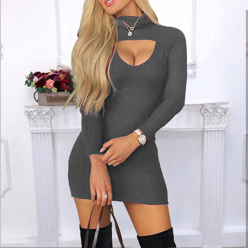 Slim-fit Solid Color Turtleneck Long Sleeve Rib Sunken Stripe Dress