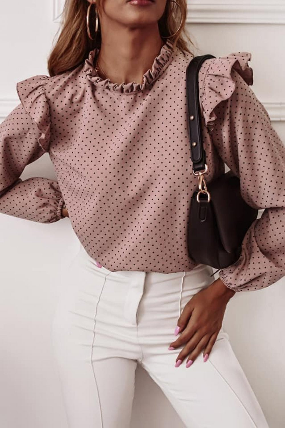 Ruffled Round Neck Pullover Polka Dot Shirt Top