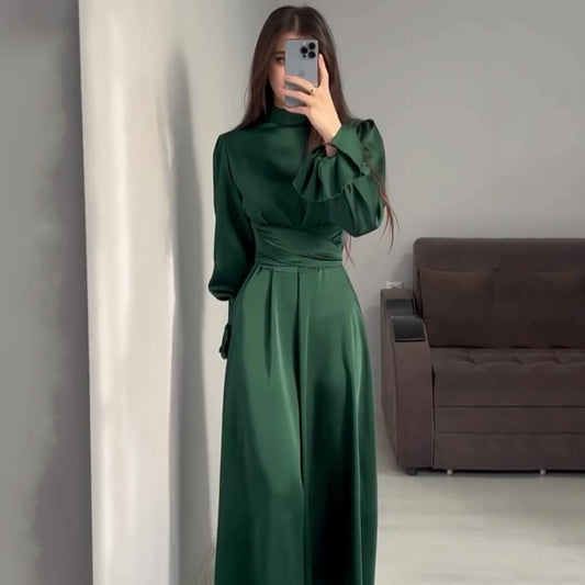 Autumn Long Sleeve Waist Puff Sleeve Green Dress