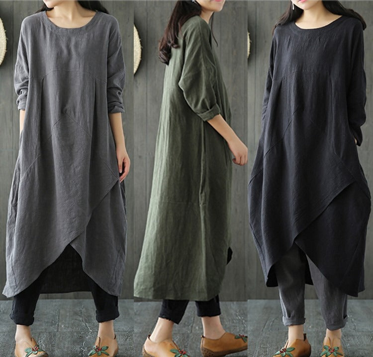 Borrowing shoulder sleeves cotton linen loose fitting dress