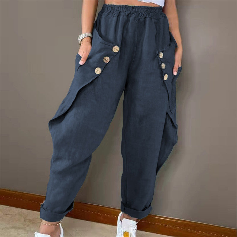 Casual Trousers with Waist Trimming, Featuring Buttons and Convenient Pockets.