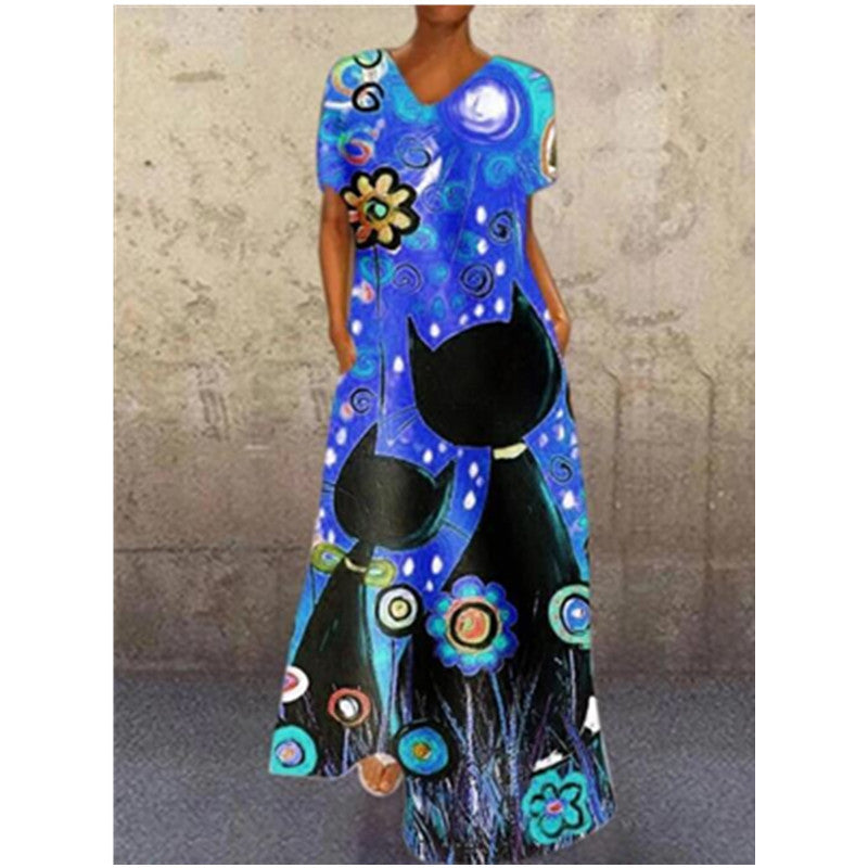 Cross-border Independent Station Retro Portrait Cat Printing V-neck Stretch Dress