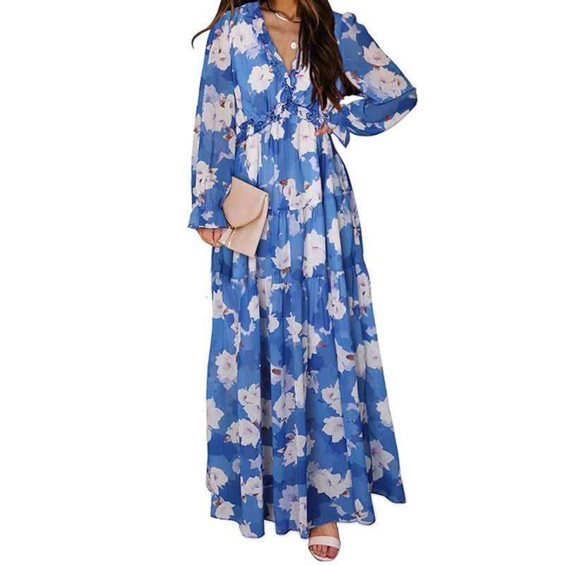 Printed Long Sleeve Dress Women's V-neck Loose