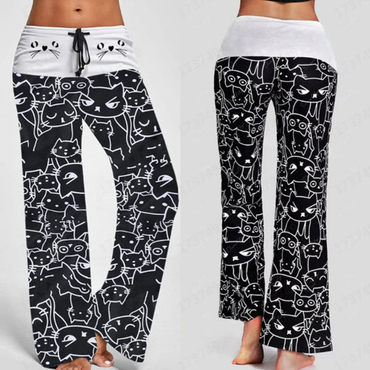 Hot Digital Printing Cartoon Cat Pattern Bell-bottoms Wide Leg Pants For Women