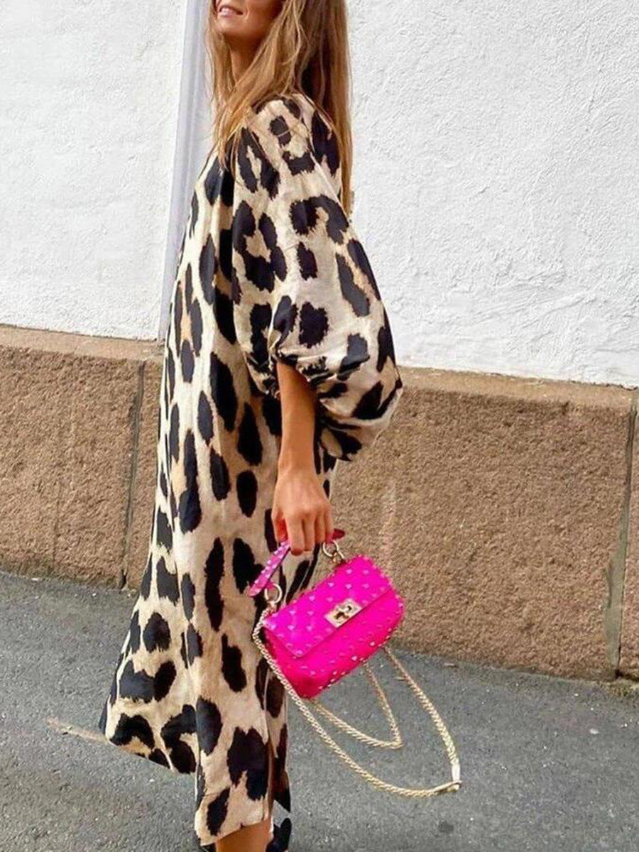 Leopard Print Loose Lantern Sleeve Dress