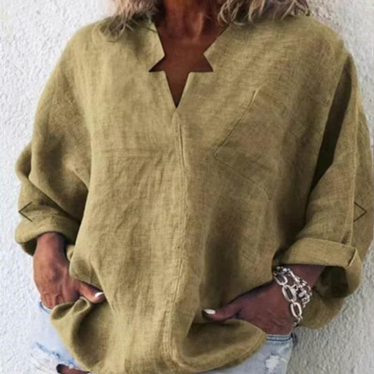 Solid Color Cotton And Linen Plus Size Mid-length V-neck Shirt