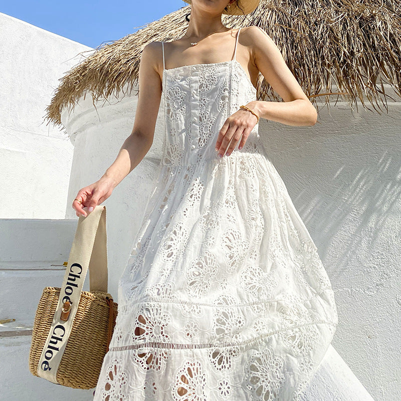 White Embroidered Suspender Maxi Beach Dress