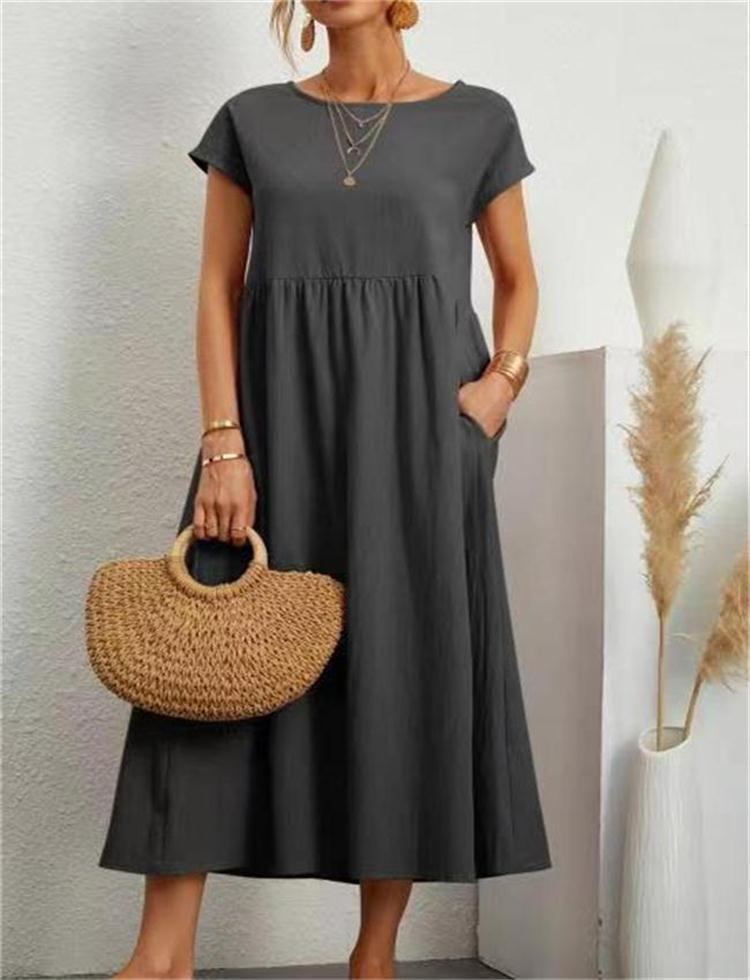 Women Solid color sleeveless loose pocket cotton linen dress