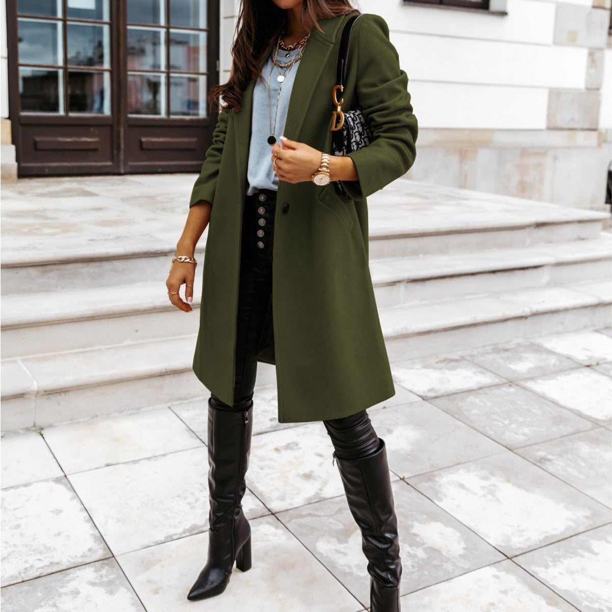 New autumn and winter women's solid color lapel mid length button down woolen coat jacket