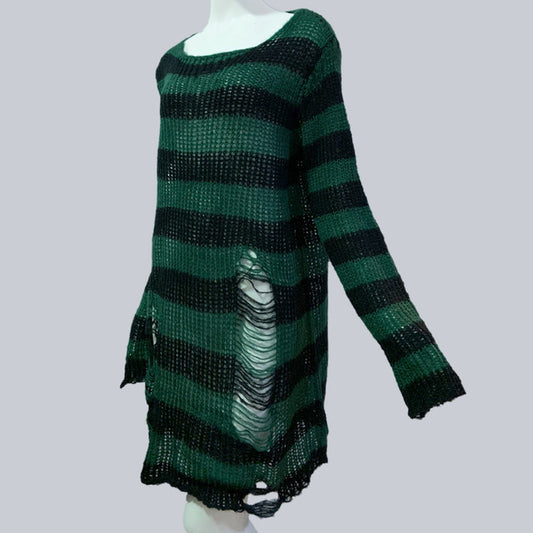 Womens Striped Loose Knitwear With Ripped Mid-length Sweater