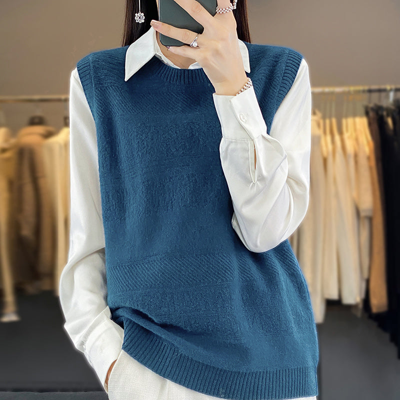 Women's Round Neck Loose-Fit Cashmere Knitted Pullover Sweater Vest