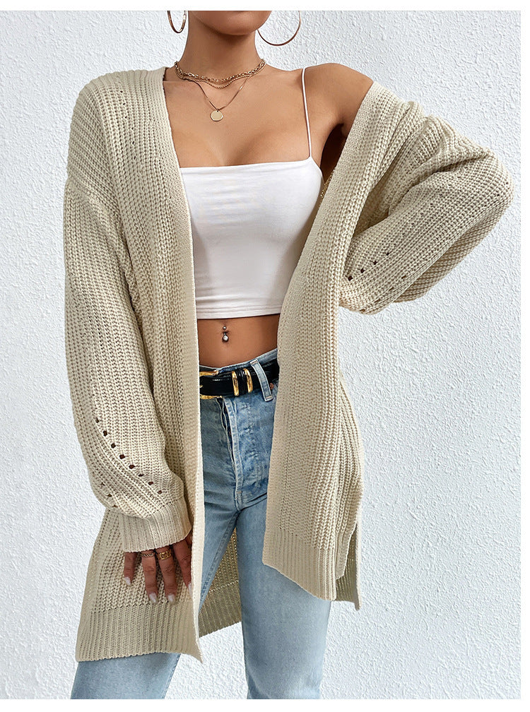 Solid Color Loose Medium Length Knitted Cardigan Sweater Jacket