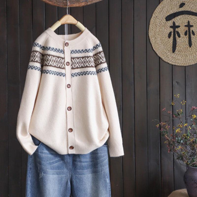 Spring and Autumn Loose Knit Brocade Cardigan Sweater