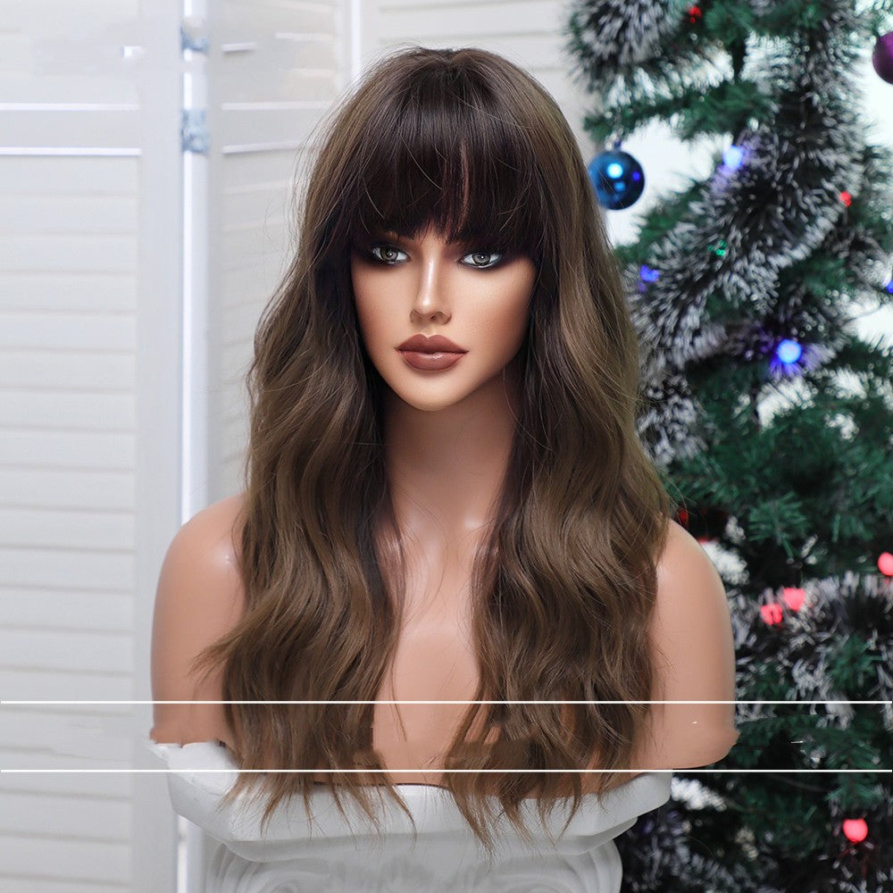 Qi Bangs Gradual Blonde Brown Long Curly Wig Female