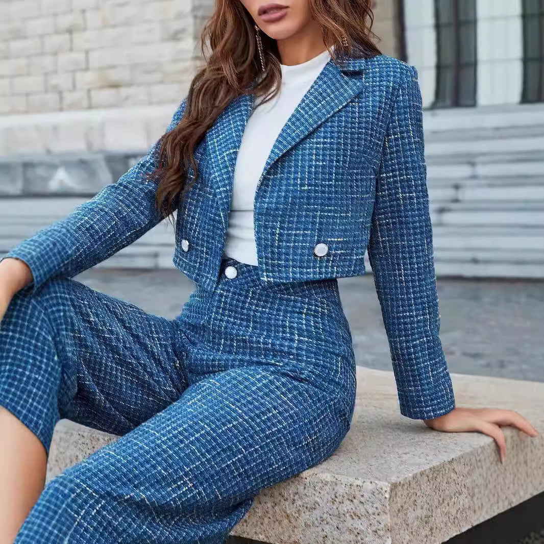 Women's Double-Breasted Lapel Blazer with Wide-Leg Pants Set