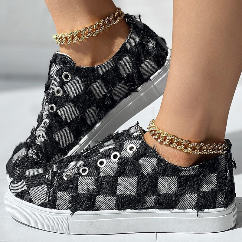 Step into Style with Women's Slip-on Denim Plaid Shoes