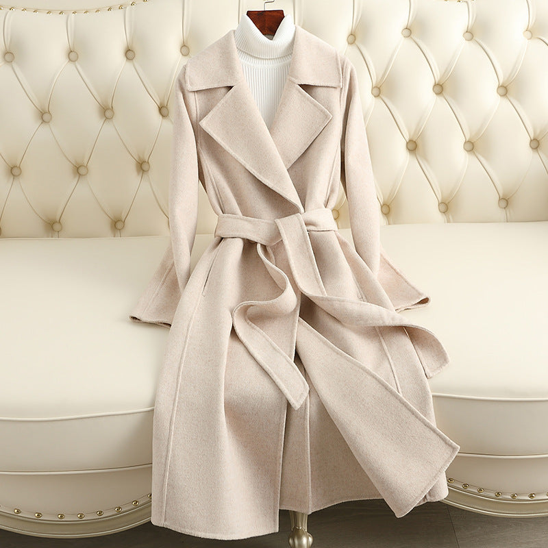 Slim-Fit Cashmere Woolen Coat, Thin and Over-the-Knee Length