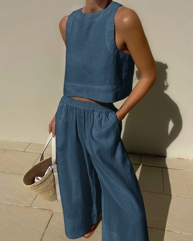 Loose Solid Color Sleeveless Shirt And Trousers Two-piece Set