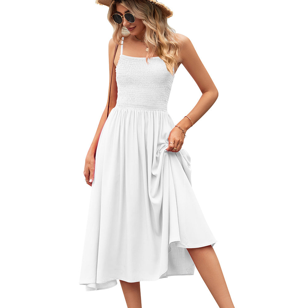 Square Collar Pleated Bohemian Strap Dress for Women