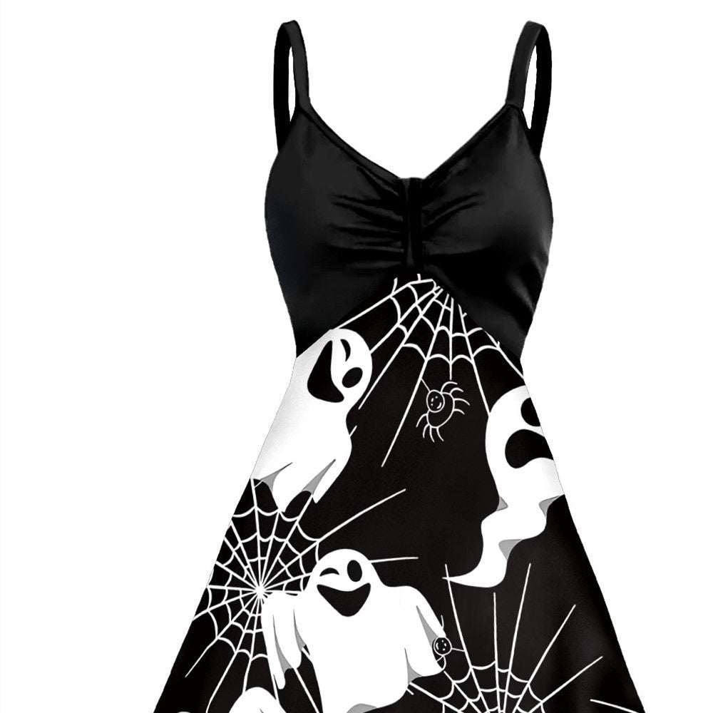 Celebrate Halloween in Style with a Skull Head Printed Slip Dress for Women