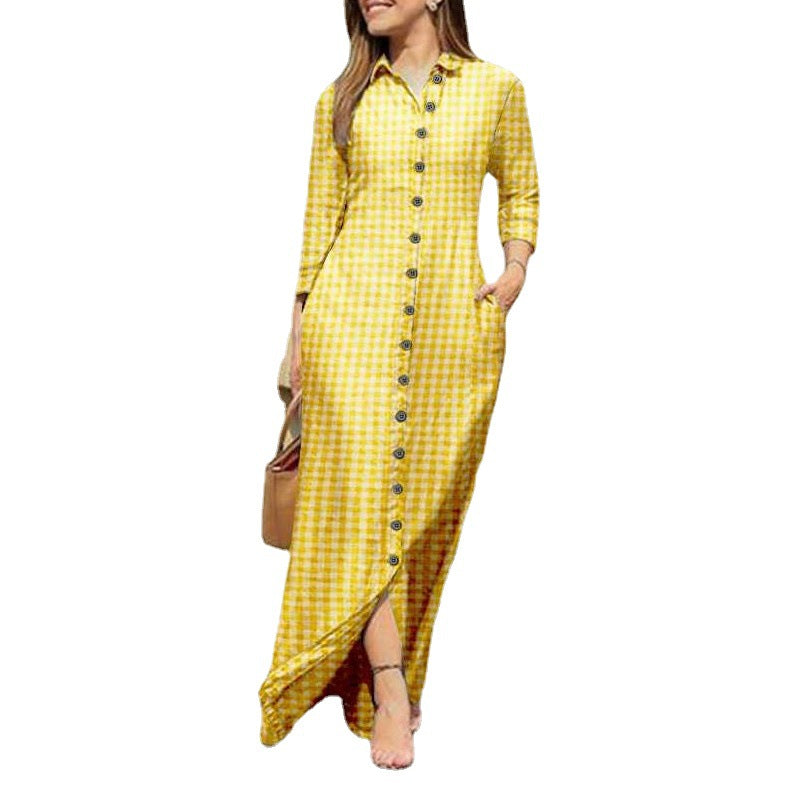 Women's Long Sleeve Plaid Maxi Dress Lapel Collar and Button Dress