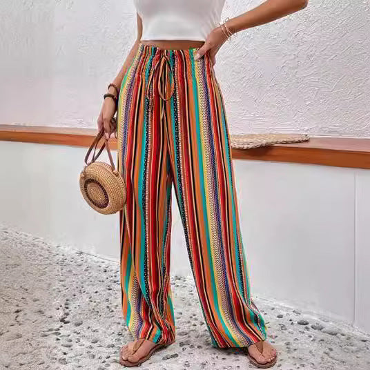 Women's Multi-Color Stripe Casual Pants with Tied Elastic Waist