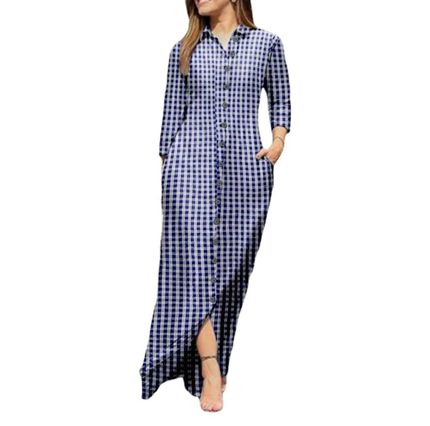 Women's Long Sleeve Plaid Maxi Dress Lapel Collar and Button Dress