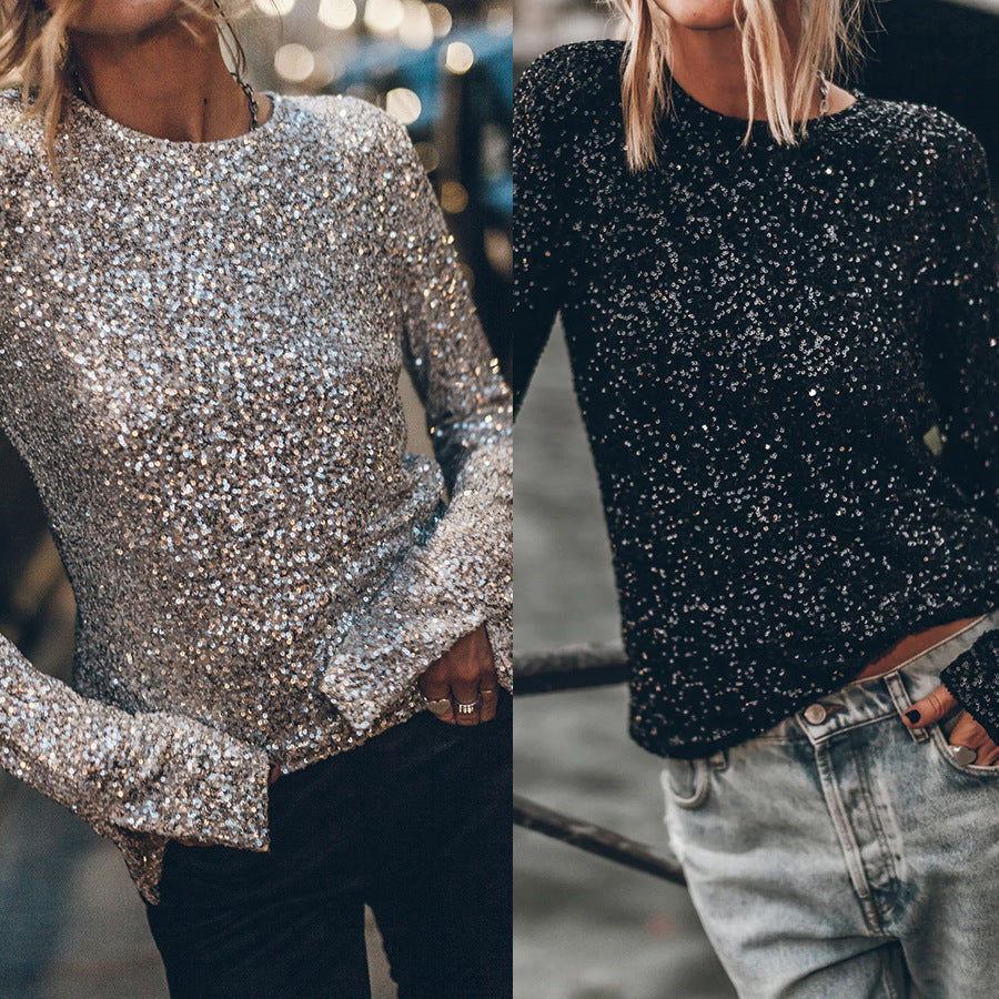 European and American Party Sequined Long Sleeve Round Neck Top