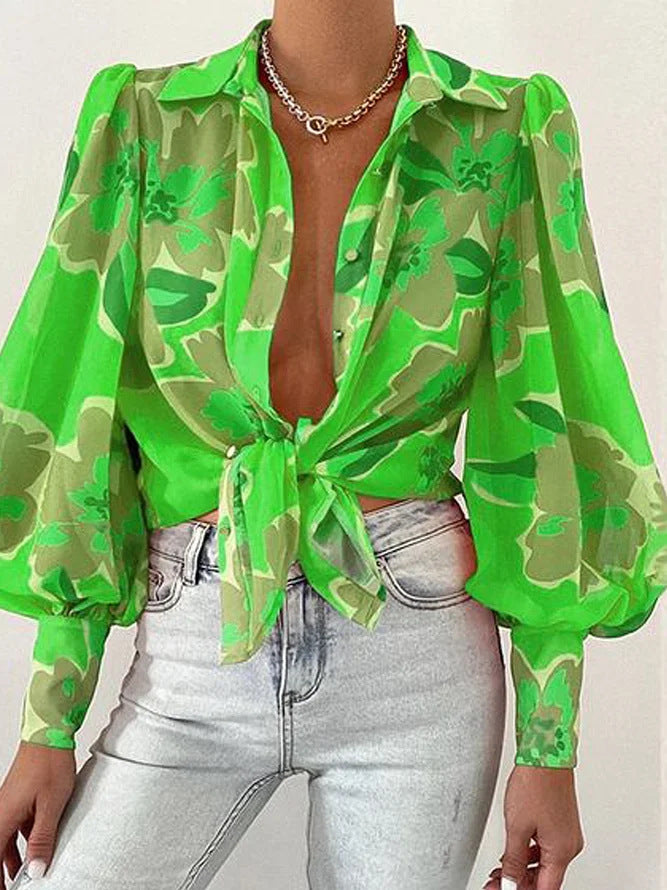 Summer Fashion Shirt for Women with Printed Lantern Sleeves