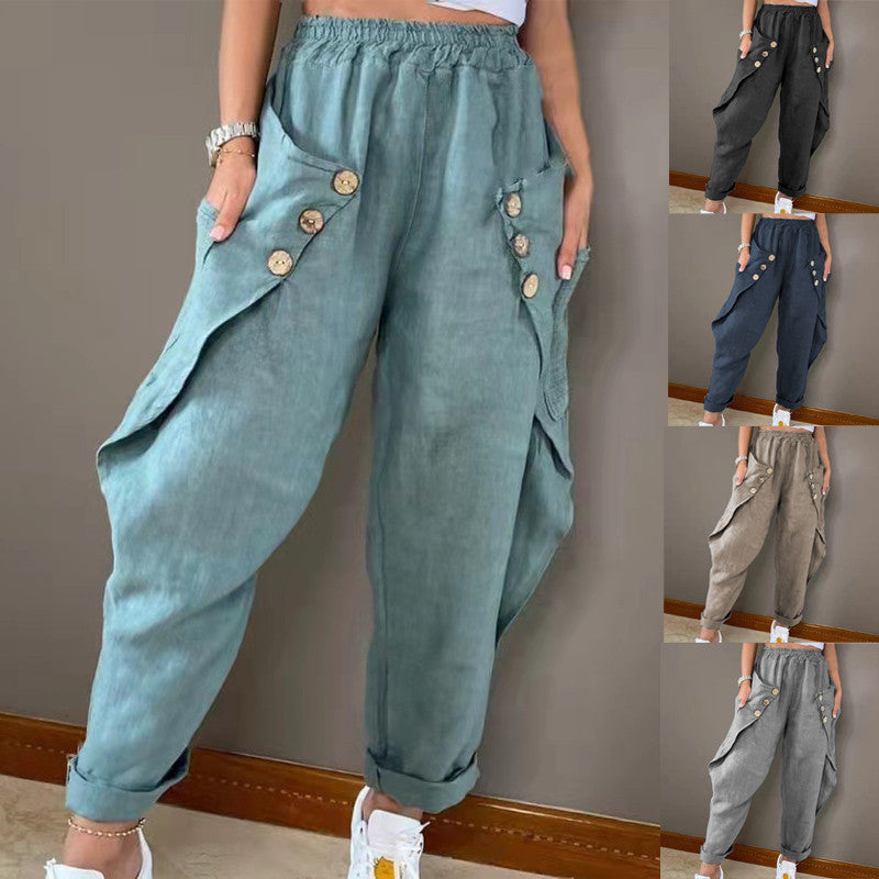 Casual Trousers with Waist Trimming, Featuring Buttons and Convenient Pockets.