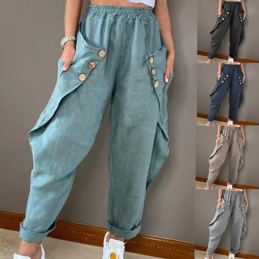 Casual Trousers with Waist Trimming, Featuring Buttons and Convenient Pockets.