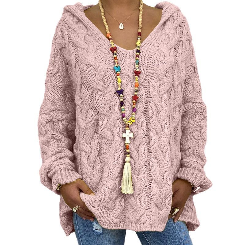 Women's Twist Knitted Hoodie Sweater Solid Color for a Cozy and Stylish Look