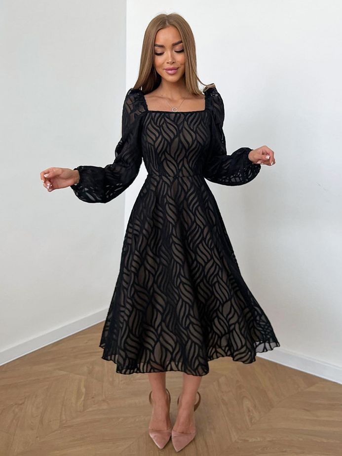 Chic High Waist Long Sleeve Dress with Hollow-out Micro-Transparent Jacquard for Women