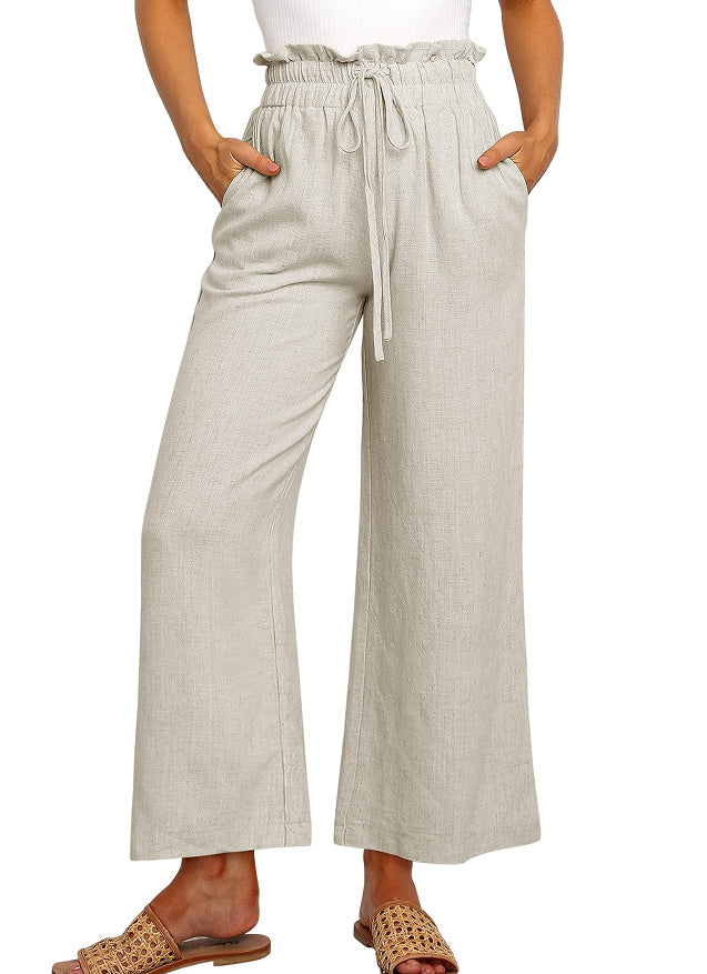 Solid Color Cropped Pants with Elastic Waistband and Lace-Up Wide Legs