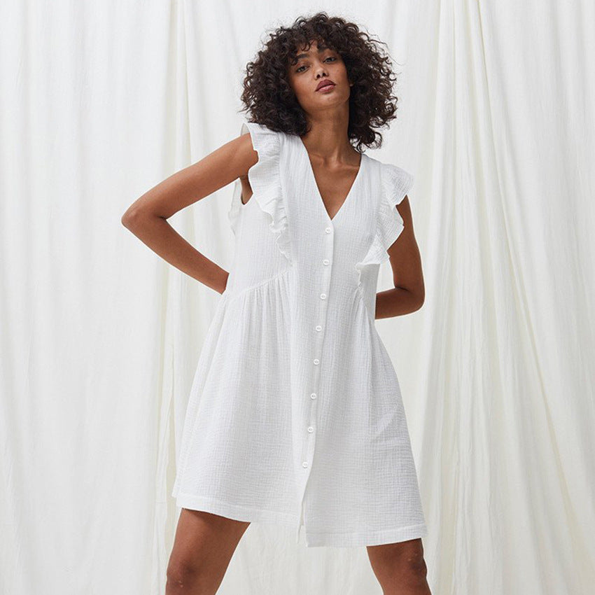 Nightdress Sleeveless Ruffled One-piece Pajamas Double-layer Gauze Home Female Dress