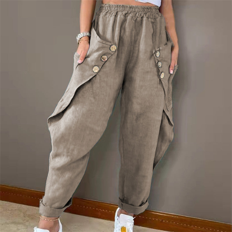 Casual Trousers with Waist Trimming, Featuring Buttons and Convenient Pockets.