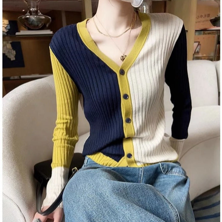 Trendy Multicolor V-Neck Knitted Cardigan for Women