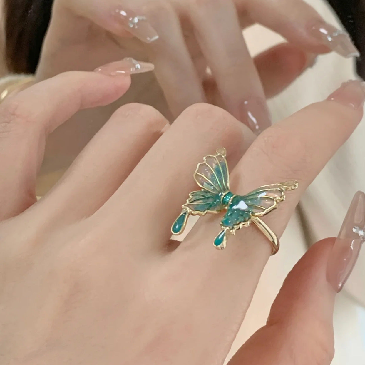 Gradient Blue Epoxy Butterfly Ring with Special-interest Design