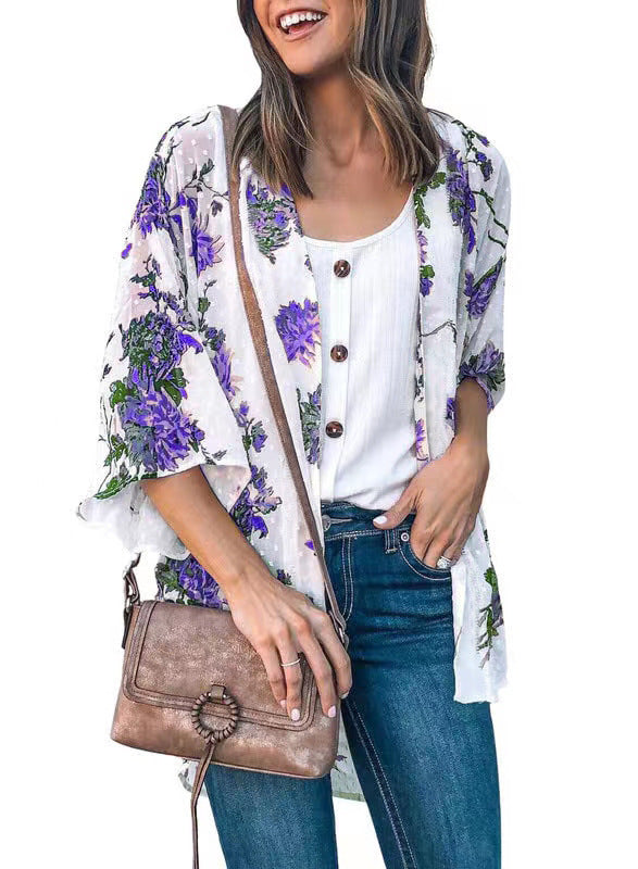 Women's Top: Fashionable Flower Print Shirt Jacket