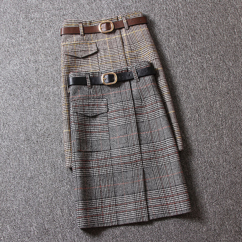 High-Waisted Mid-Length Woolen Plaid Skirt Hip Slit