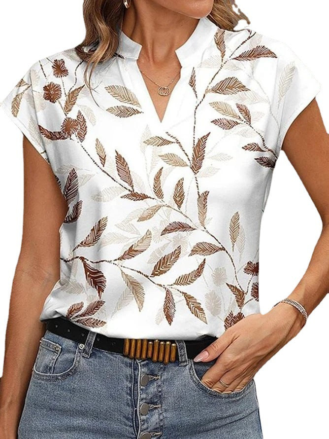 Women's Casual Fashion Printed V-neck Short Sleeved T-shirt